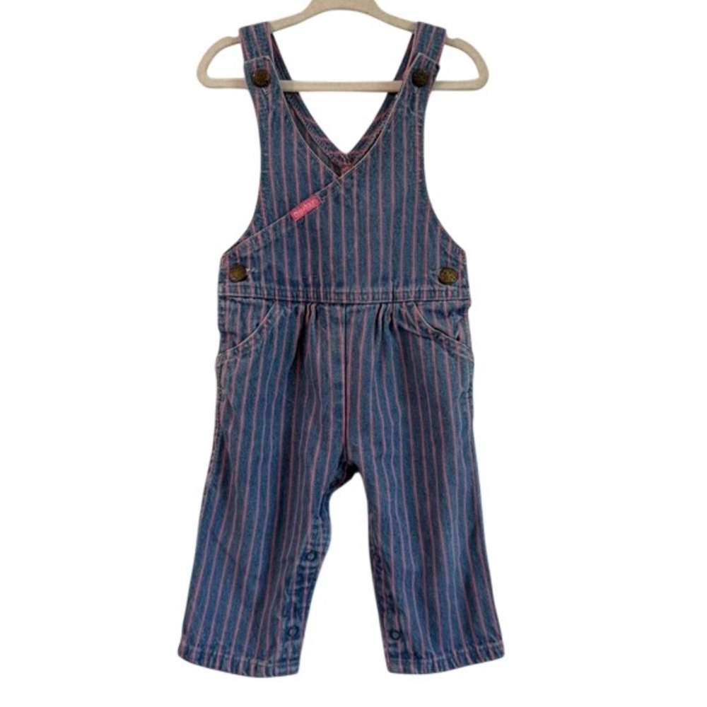 Vintage 80s 90s Oshkosh B'gosh Striped Pink Denim Girls Overalls Retro 18 month